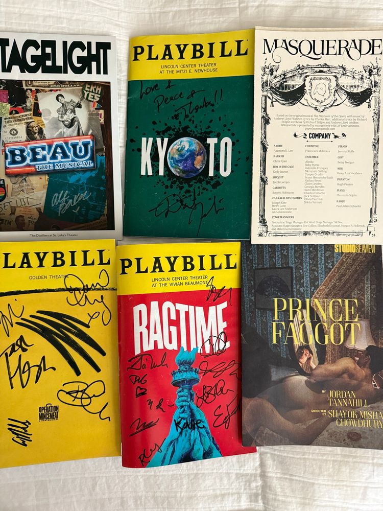 Image of Playbills for Beau the Musical, Operation Mincemeat, Kyoto, Ragtime, Masquerade, Prince Faggot