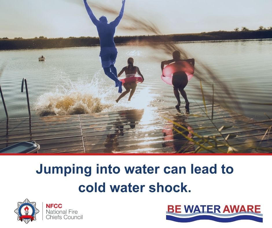 Three people jumping into the water. Text on image reads: jumping into water can lead to cold water shock.