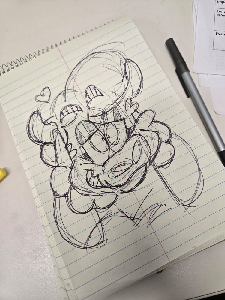 Dumb pen-doodle of Bisque the Mockturtle on yellow notebook paper