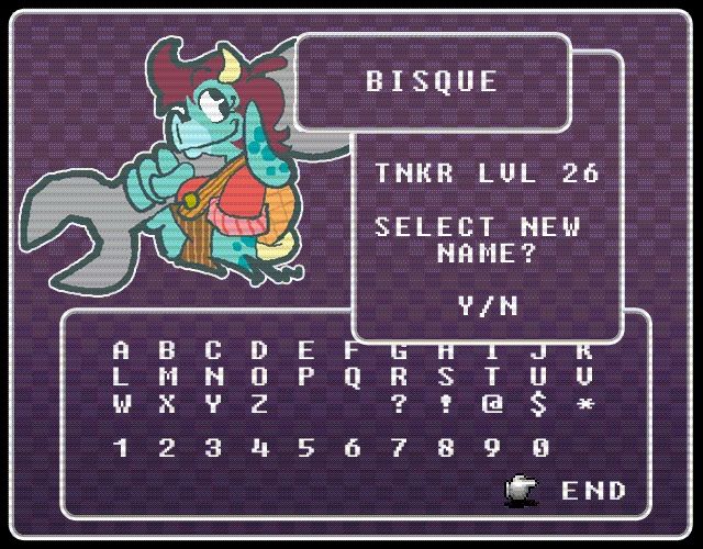Character selection: Bisque the Mockturtle 
Level 26 tinkerer (..holy shit I've had this character for almost 20 years)