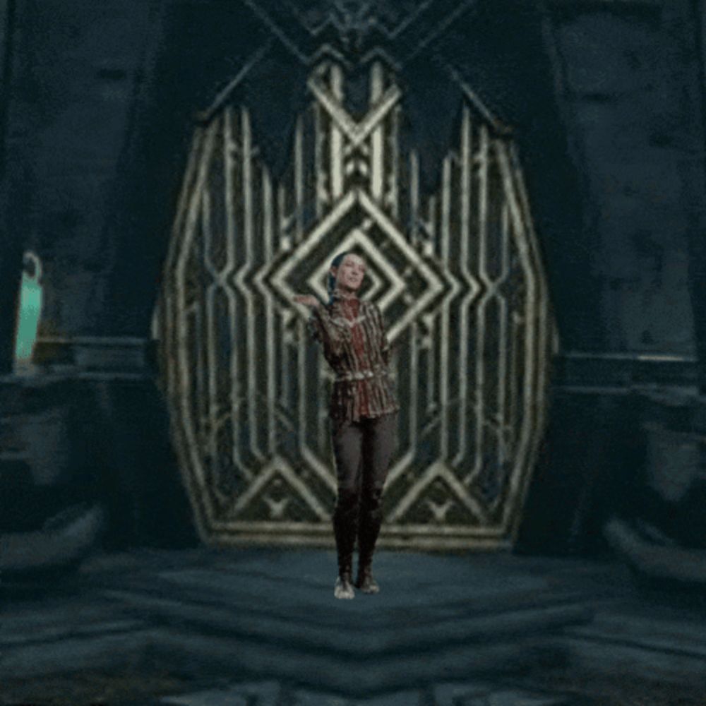 a man in a video game is dancing in front of a gate