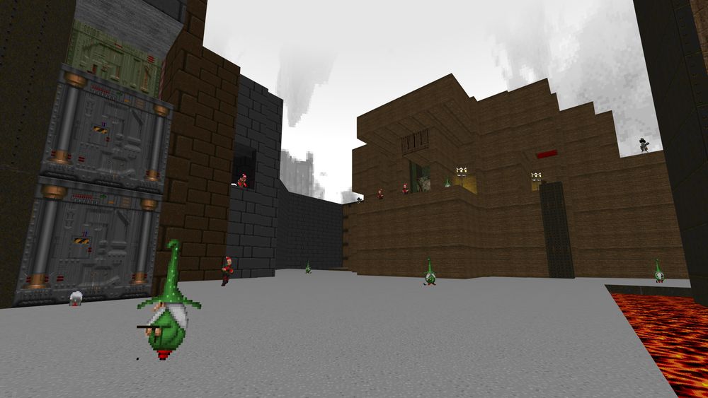 A screenshot of MAP15: Industrial Zone from Doom II, with a Christmas mod making everything festive