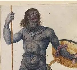 Detail on a print of a late 16th century depiction of a Pictish warrior from late antiquity. This print was done by artist and colonial governor of Roanake, John White.