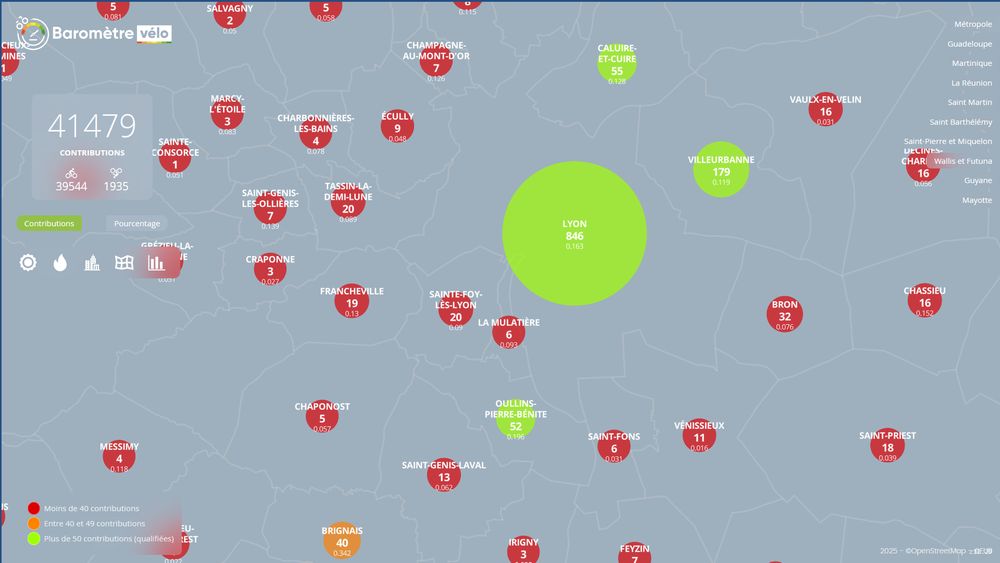 Capture d'écran du site https://www.barometre-velo.fr/dashboard.php#11.29/45.7425/4.8101
centrée sur Lyon. Lyon, Villeurbanne, Oullins et Caluire ont obtenu plus de 50 contributions et apparaissent en vert. Les autres communes apparaissent en rouge ou en orange (Brignais, 40 contributions)