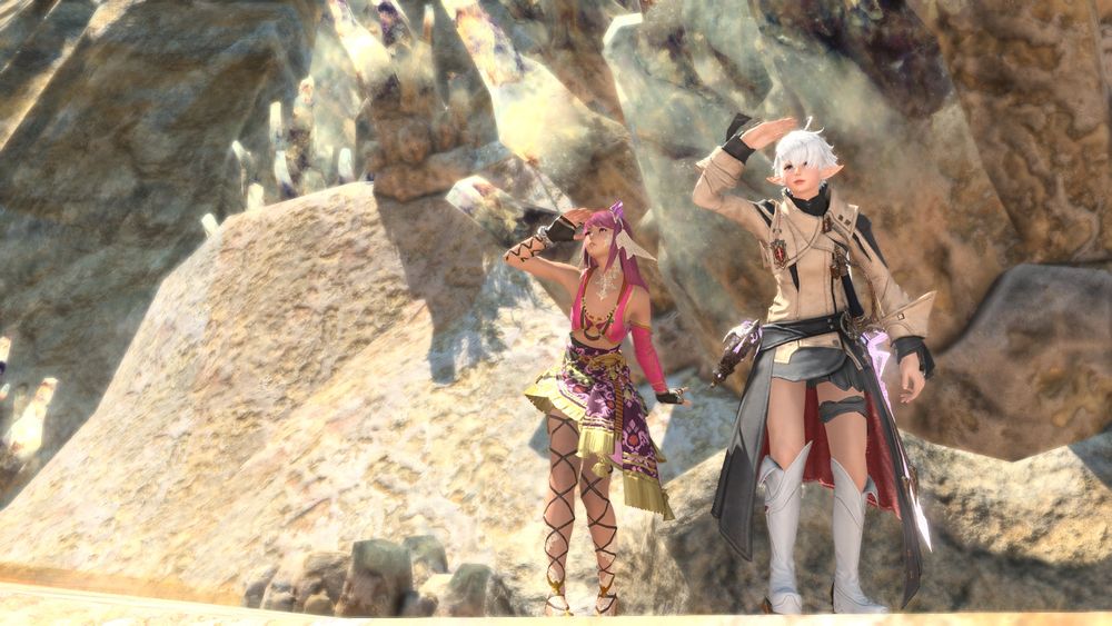 A pink-haired Au Ra woman standing next to Alisaie.