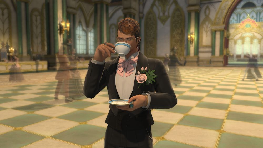 Fin calmly sipping his tea, properly dressed for ghost prom in a suit he made himself.