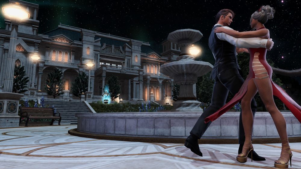 Fin dressed up in a suit, and a Miqo'te woman in a red dress and golden heels. They're dancing in a plaza in Old Sharlayan at night.