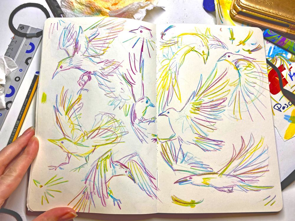 This is a double pages filled with colored birds (magenta, cyan and yellow tints). They have been doodled back in 2024 with a special colored-pencil!