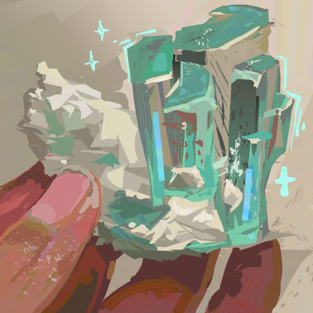A night sketch made in Heavy Paint. The doodle shows a close up on a turquoise natural-toned gemstone, holding by a hand. Colors are mineral and clear on the crystal, in opposition with the warm redish tones of the figers!