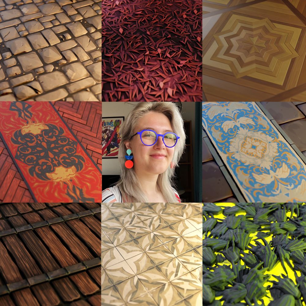 This is a squared image in the well-known "Art vs Artist" template. In the center you have my face! I wear electric blue glasses, I hvae white hair and I wear huge beautiful earrings with big chunks of colors (turquoise, marine blue and ultra saturated orange). The photos next to my portraits are renders of materials in Blender, showing my favorite floors made for Crown Gambit! You have the Mearzon-Kastell pavement, a reddish Glaourek forest, the Princess Galenor's parquet, Targesang's carpet and Illioze's family carpet as well. Also in the last line you have a drawbridge floor, the Wace Basilica's temple floor and finaly !! Azertor's floor 👁️