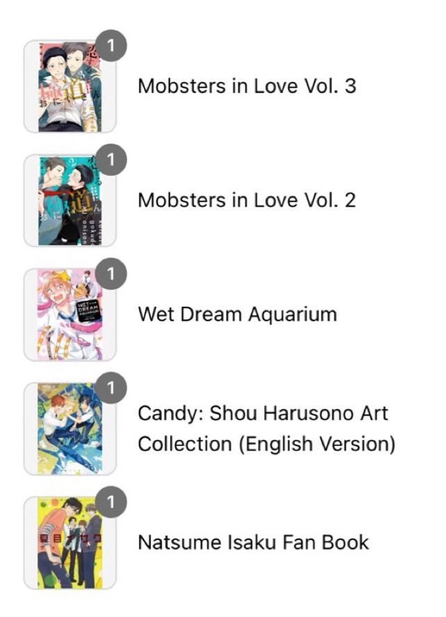screenshot of order for volumes 2 and 3 of Mobsters in Love, Wet Dream Aquarium, Candy: Shou Harusono Art Collection, and Natsume Isaku Fan Book