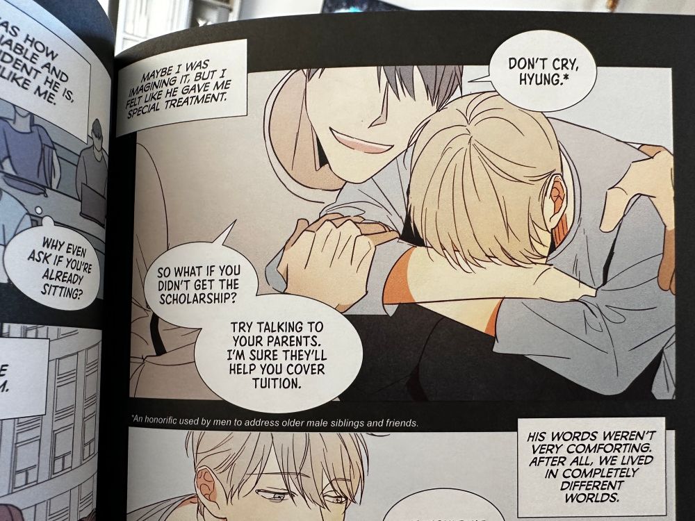 Panel from The Dangerous Convenience Store manhwa with a brief footnote explaining the word “hyung”