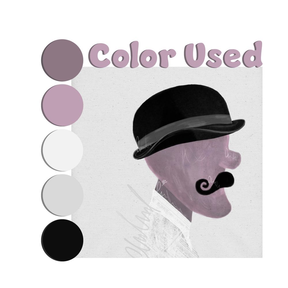 A #art of a man proudly wearing a #bowler #hat and a curly #mustache stands proudly to one side. His #1900s newspaper-patterned shirt is the perfect finishing touch to his retro look! His delicate, brownish-pink skin gives him a hint of age, aged by time and sun.
