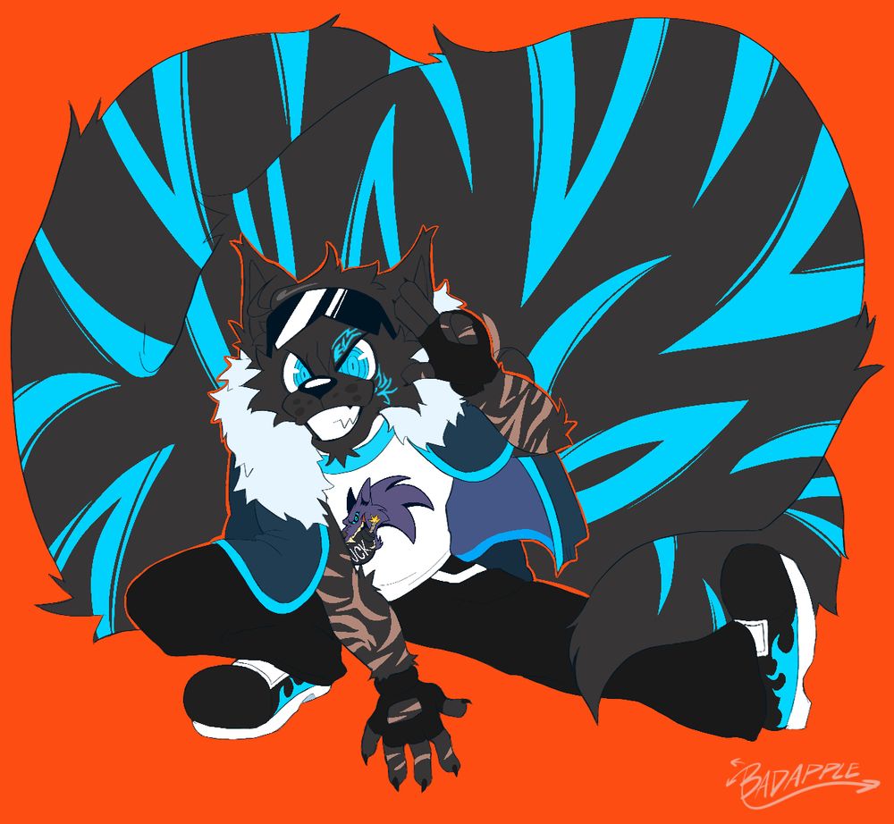 A anthromorphic canine with an oversized tail sticking his leg out. He's smiling wide