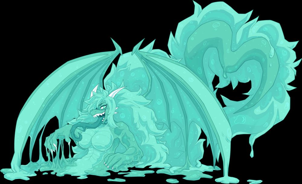 A dragon made out soda rises out of the floor, she has a suggestively long tongue and expression, her tail is curved into the shape of heart. She's giving the viewer bedroom eyes.