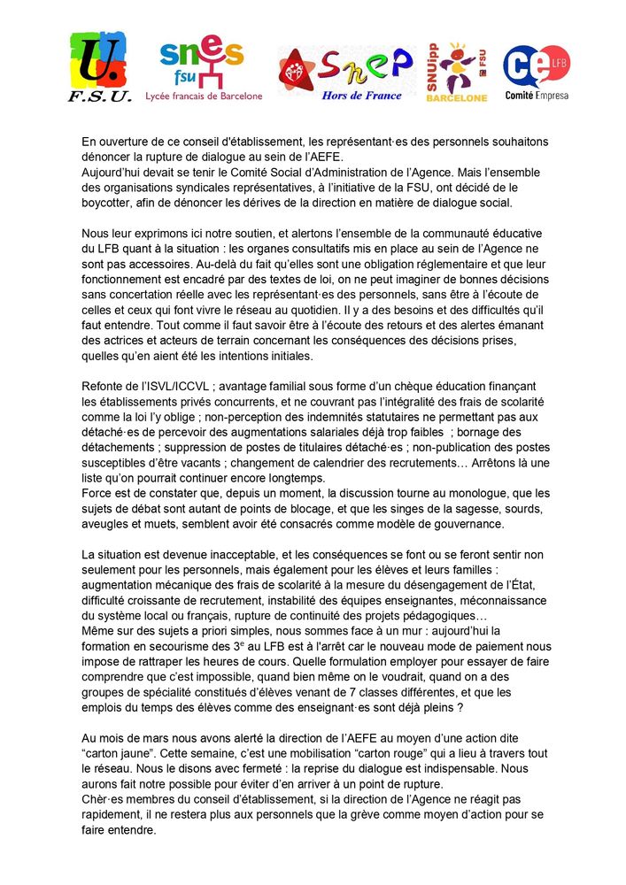 Liminaire lue au CE, dénonçant l'absence de dialogue social à l'AEFZ