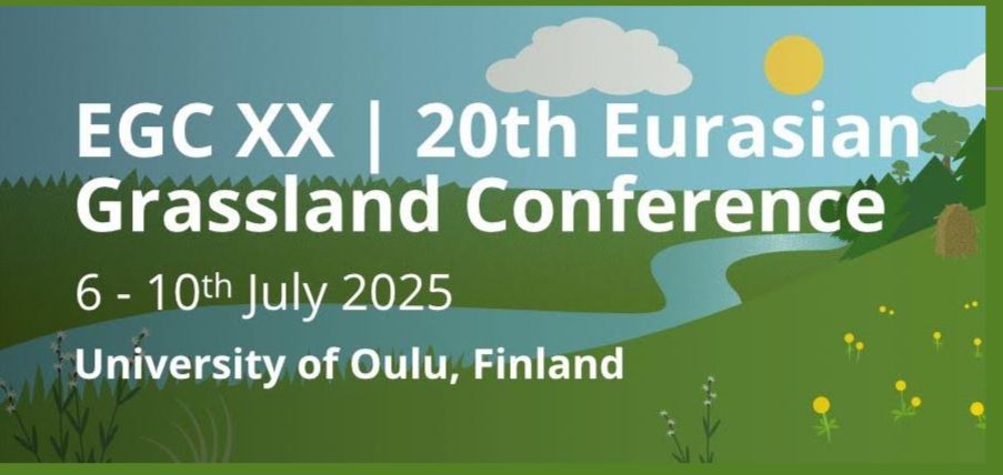 The image shows the banner of the ECG XX - 20th Eurasian Grassland Conference, to be taken place from the 6th until the 10th of July in Oulu, Finland