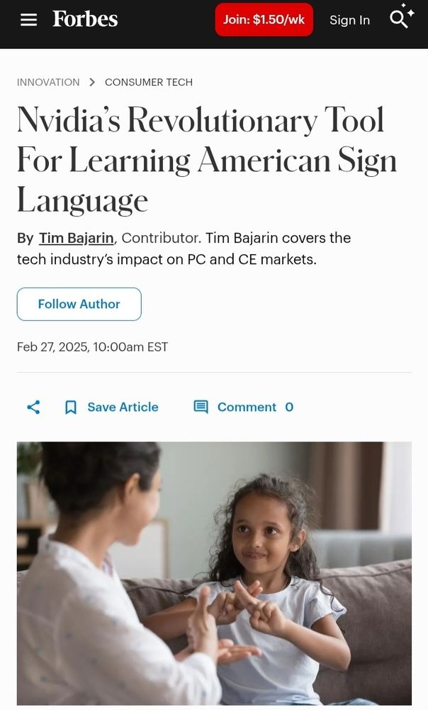 Screenshot of a Forbes' article titled "Nvidia's Revolutionary Tool For Learning American Sign Language"