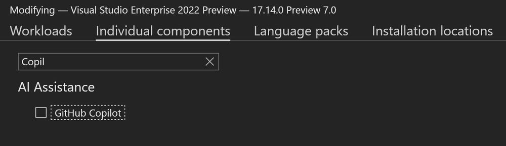 Settings page for Visual Studio installation with the Copilot option unselected. 
