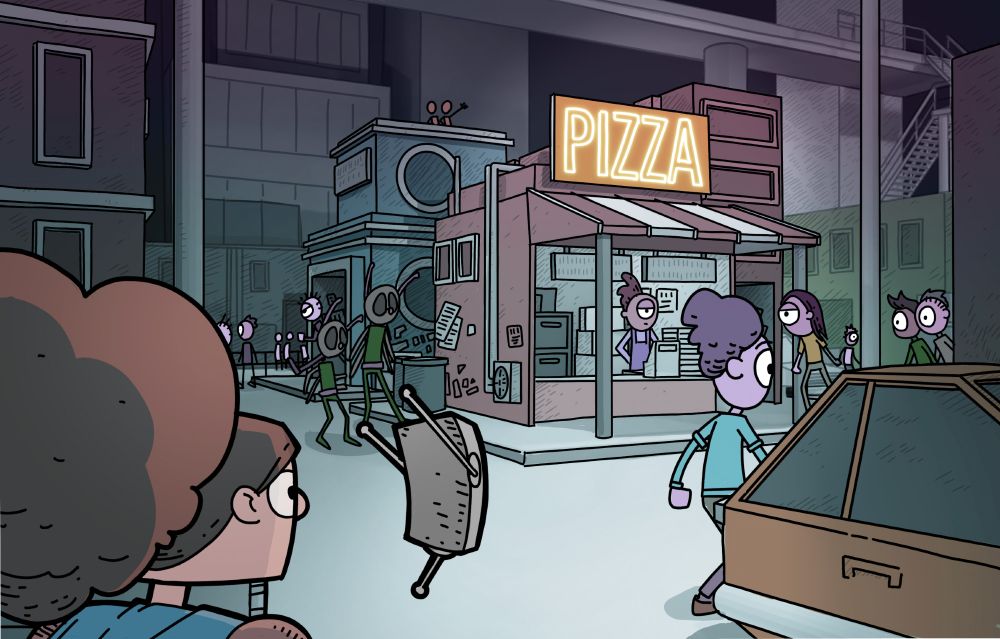 Comic panel of of outer space pizza parlor