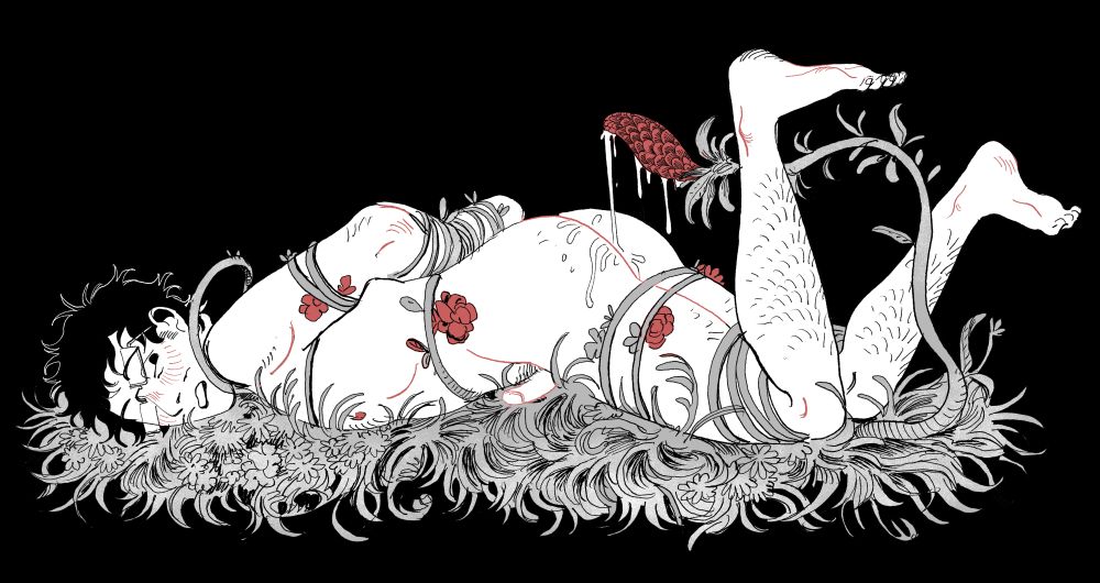 The character Basil hogtied by vines and flowers while a plant drips a pale liquid onto his bottom