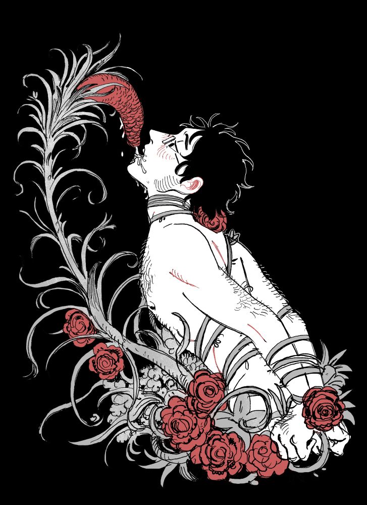 The character Basil tied up in vines and flowers while a ginger shampoo plant drips a pale liquid into his mouth