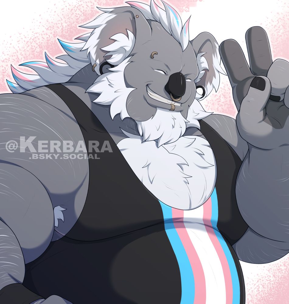A digital waist up illustration of a large, anthropomorphic koala bear grinning and making the 'peace' sign with his hand. He wears a tank top with a trans pride flag and has several ear and facial piercings.