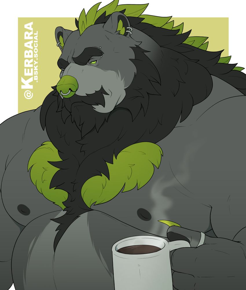 A digital waist-up drawing of a shirtless anthropomorphised bear looking tired and holding a steaming mug of coffee. He has warm grey fur, dark hair with green accents, and several facial piercings. 