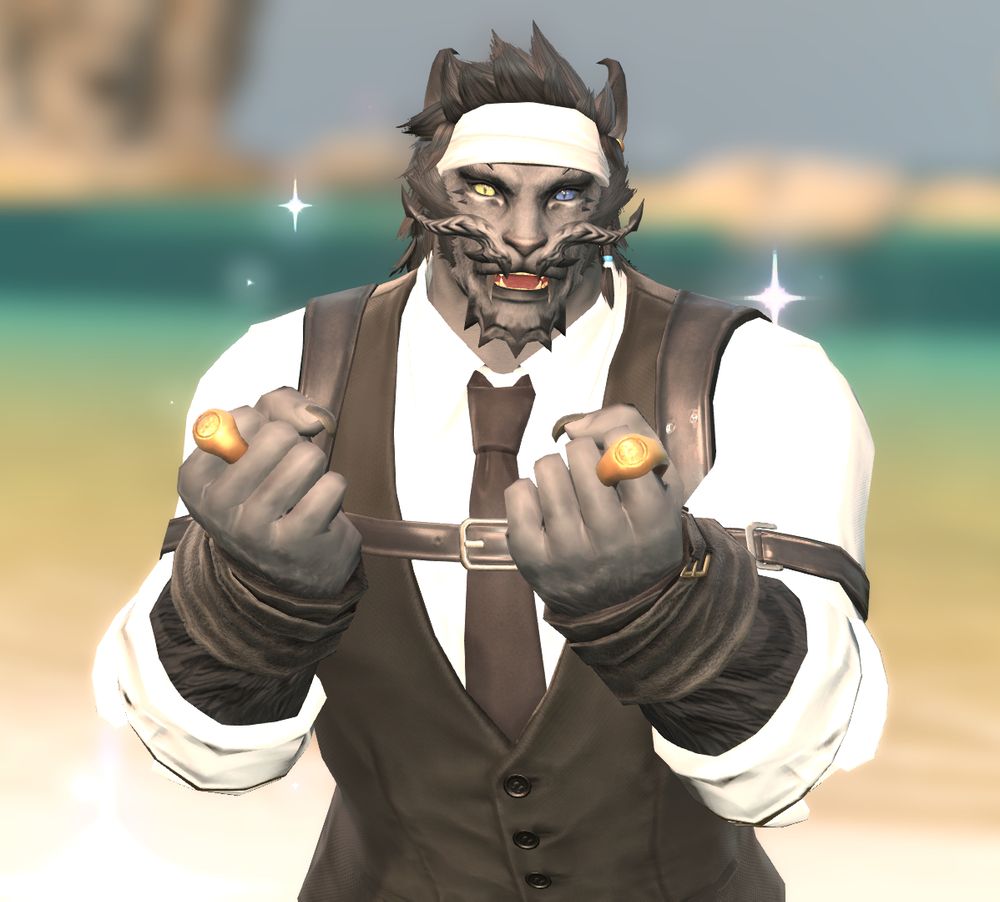 A screenshot of the same Hrothgar, now looking very happy with sparkles around his face