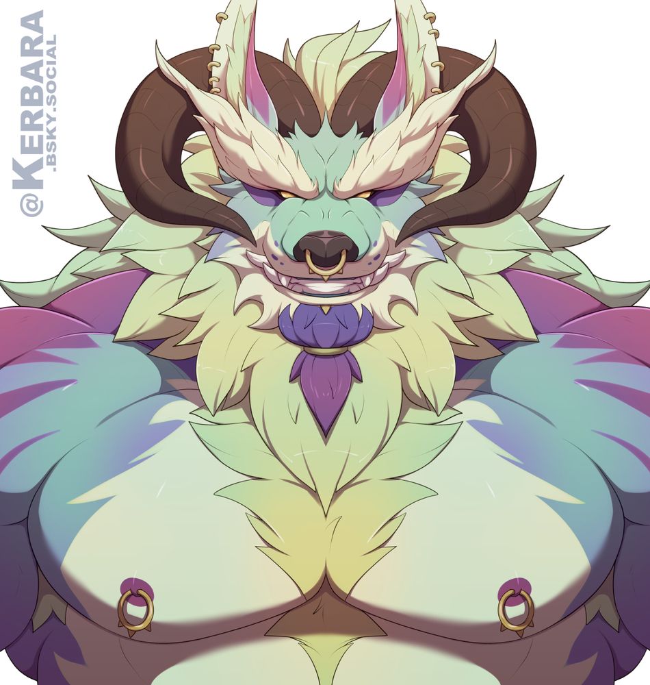 A digital drawing of a bare-chested wolf-dragon-man. He has a dog-like face, horns, a pale green-and-yellow mane around his head and neck, and blue, purple, and cream-coloured fur. 