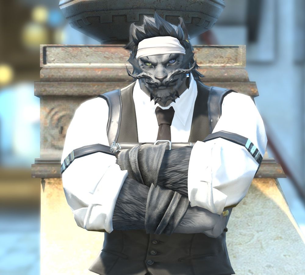 A screenshot of a dark grey Hrothgar looking serious with his arms crossed 
