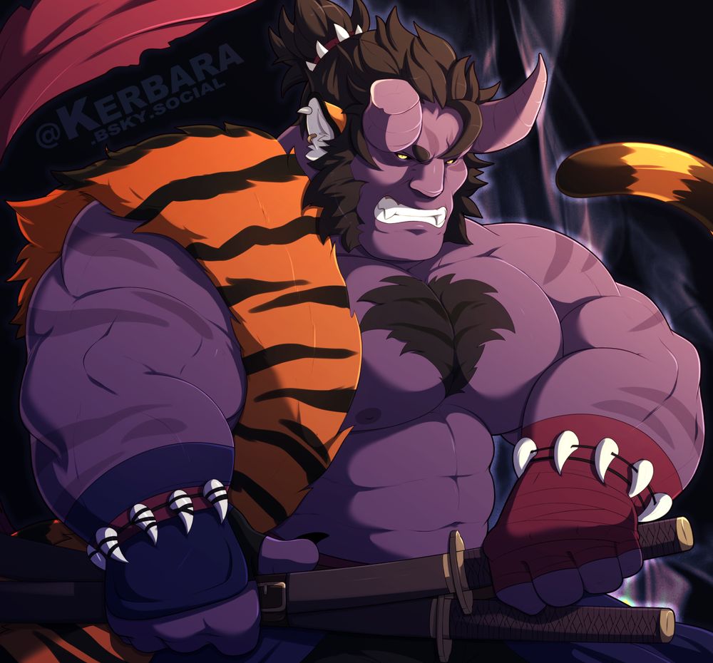 A digital waist up illustration of a muscular, shirtless half-oni half-weretiger. He has purple skin, dark spiky hair, and tiger ears and tail. He wears a tiger pelt draped over one shoulder and two swords at his waist.