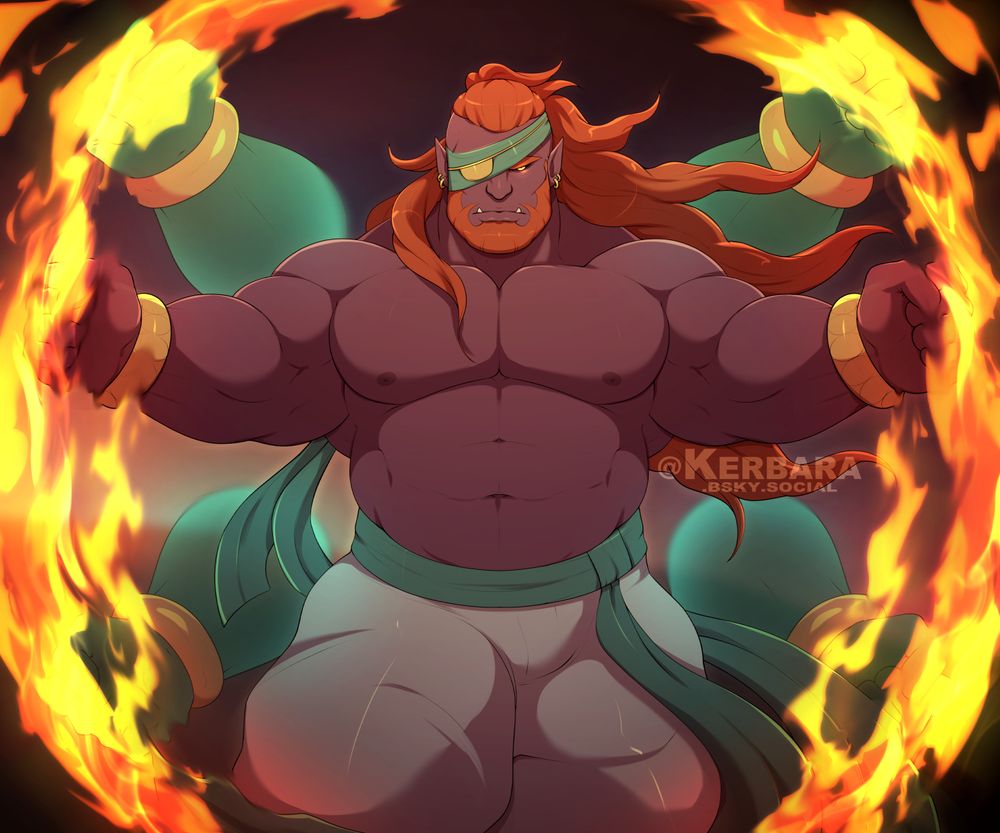 A digital illustration of a muscular shirtless humanoid man summoning a ring of fire around him. He has purple skin, long orange hair, and four spectral arms floating behind him that mimic his movements. 