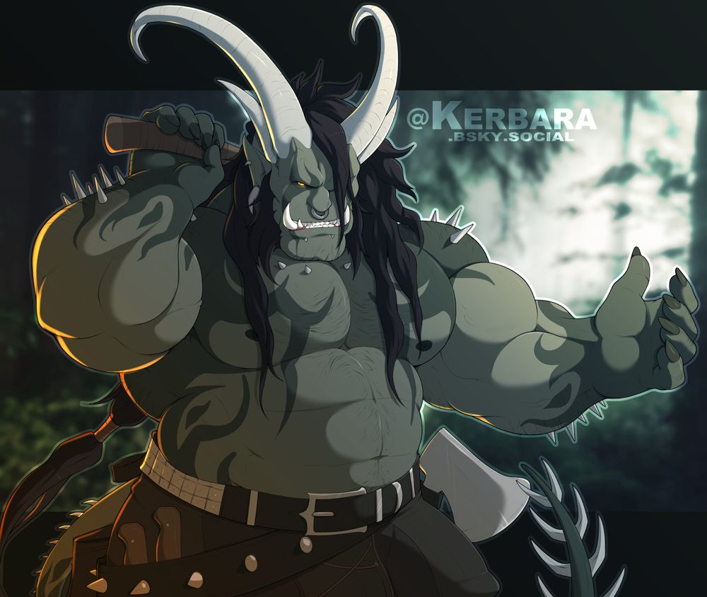 A digital illustration of a shirtless, muscular tiefling-orc. He has long, dark hair; green skin with darker green patterning around his hands, neck, back, chest, and face; and spikes growing from his shoulders, forearms, tail, and collarbone. 