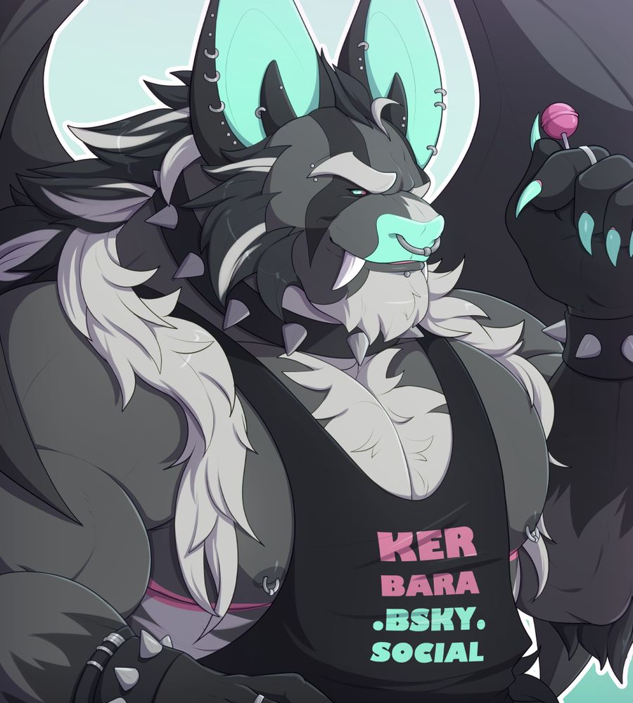 A waist-up digital illustration of an anthropomorphic bat wearing a tank top and spiked choker and holding a lollipop. 