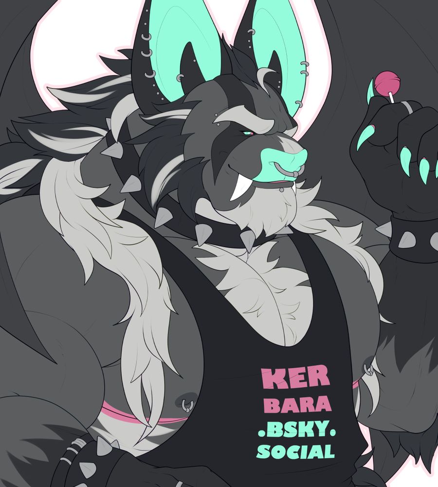 The same waist-up digital illustration of an anthropomorphic bat wearing a tank top and spiked choker and holding a lollipop, this time without shading.