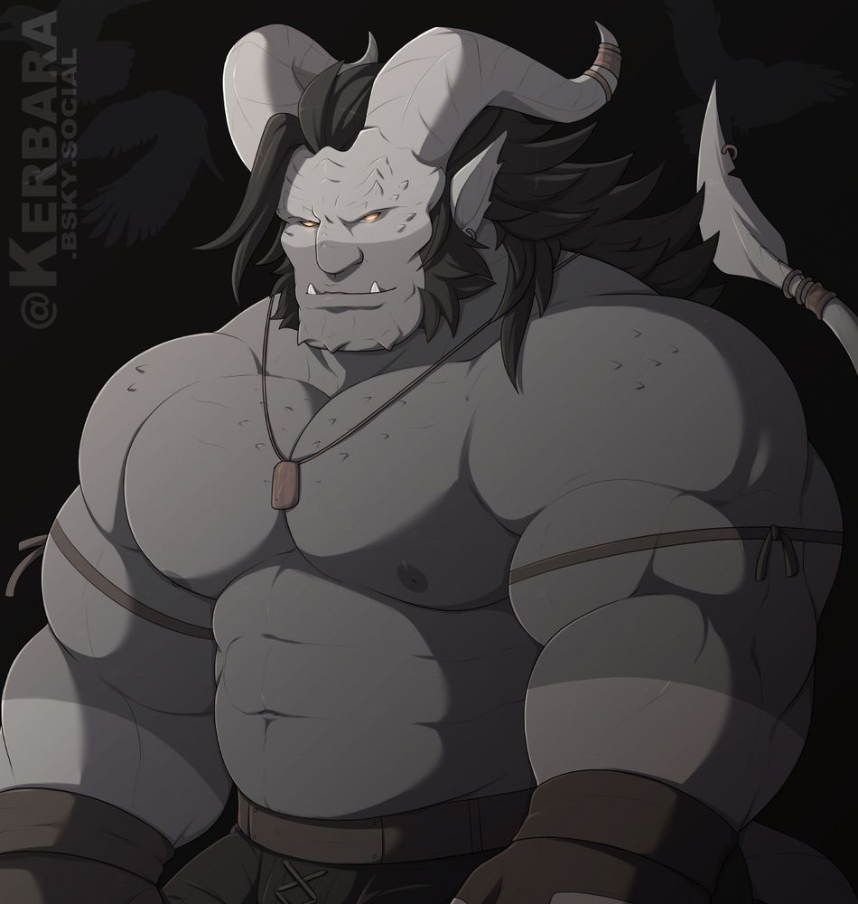 The same digital waist-up illustration of a muscular grey tiefling, now without the coat.