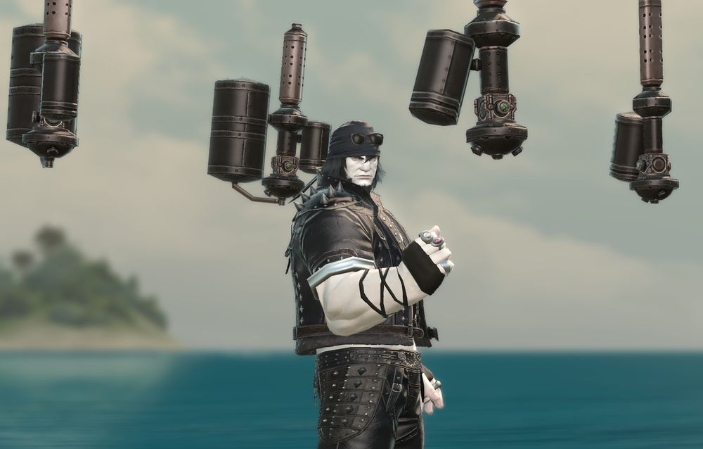 A screenshot from the hit MMORPG Final Fantasy XIV Online featuring a roegadyn man in a spiked leather ensemble, bandana, and sunglasses and wearing multiple rings. His Sage weapons float around him. 