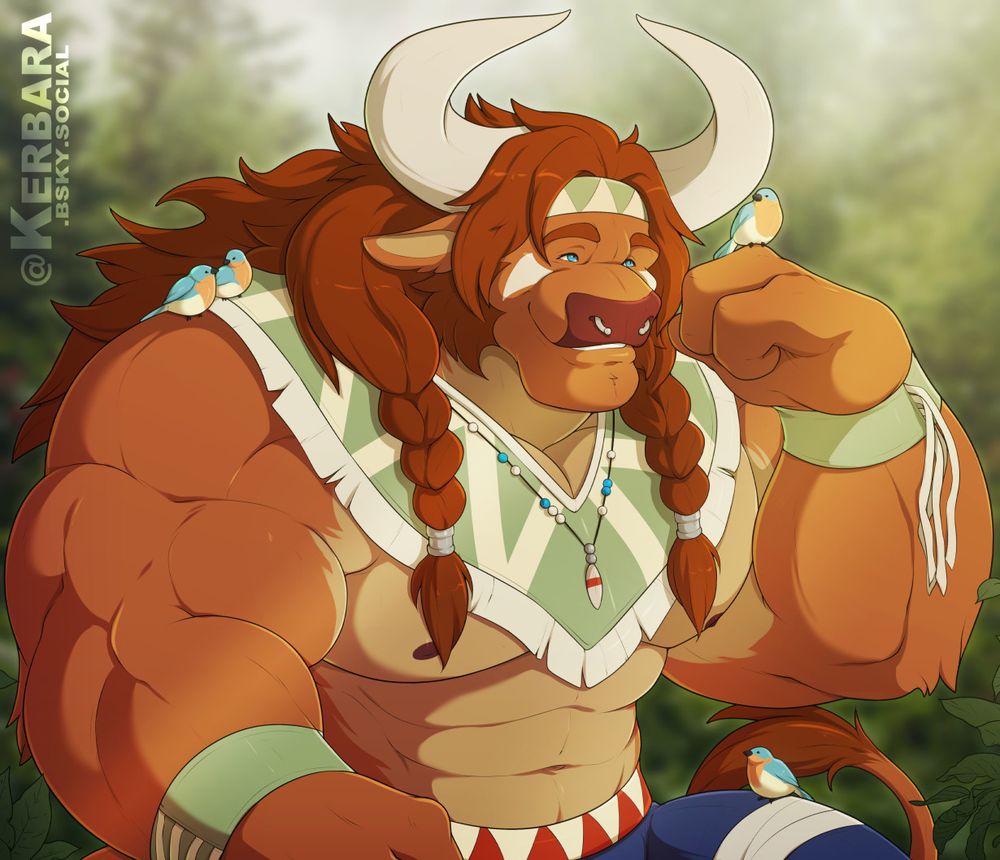 A waist-up digital illustration of a tauren sitting amongst lush foliage and smiling as several small bluebirds perch on top of him. 