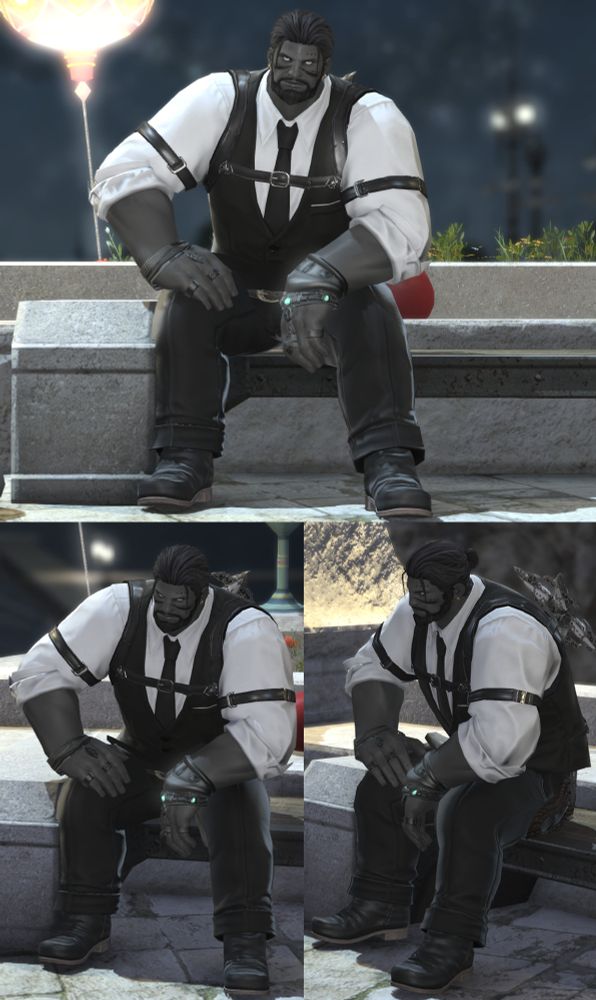 Three screenshots at various angles of a male roegadyn sitting on a bench. He has dark grey skin, light grey eyes, tied back black hair, and wears a dress shirt, vest, tie, and slacks. 