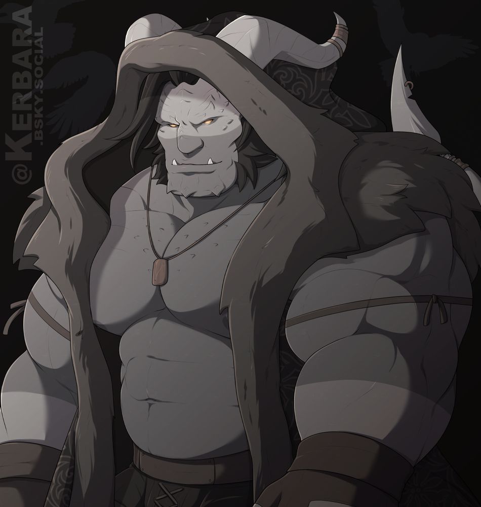 A digital waist-up illustration of a muscular grey tiefling wearing a large, open fur-trimmed coat with a hood and no shirt underneath. 