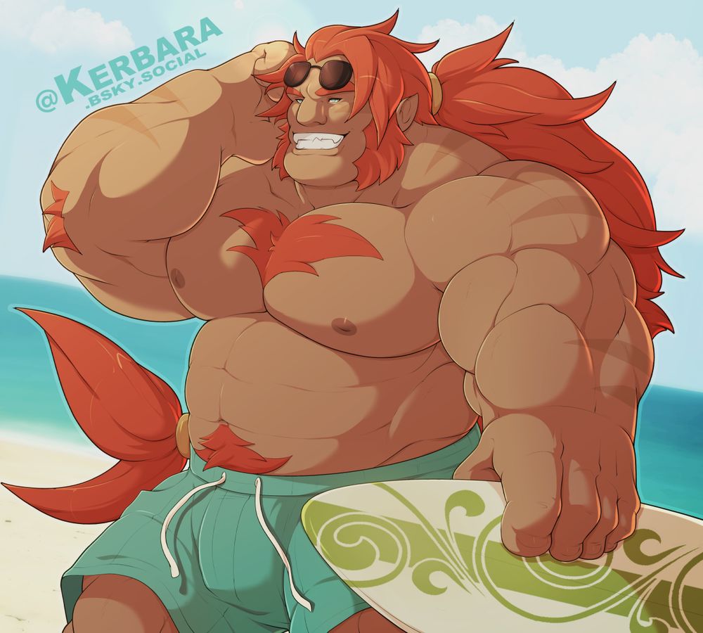 A digital illustration of a large, muscular man at the beach, grinning and holding a surfboard. He has sharp teeth, light brown skin with stripes, long red hair tied to resemble a shark tail, and matching sideburns and body hair.