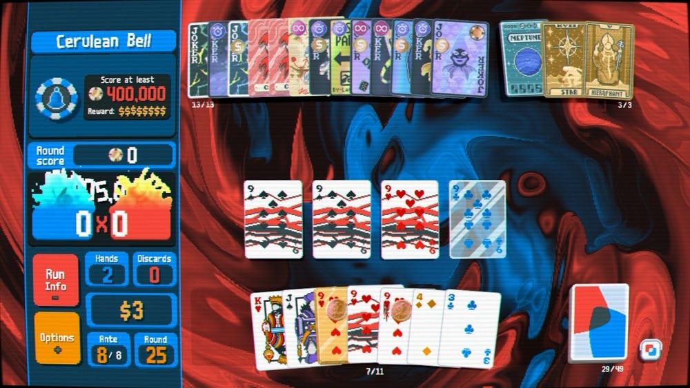 Balatro screenshot showing Ante 8 boss blind defeated with the Anaglyph deck. Four of a kind 9's is the winning hand. 13 jokers are at the top, most negative, with notably two Chicots.