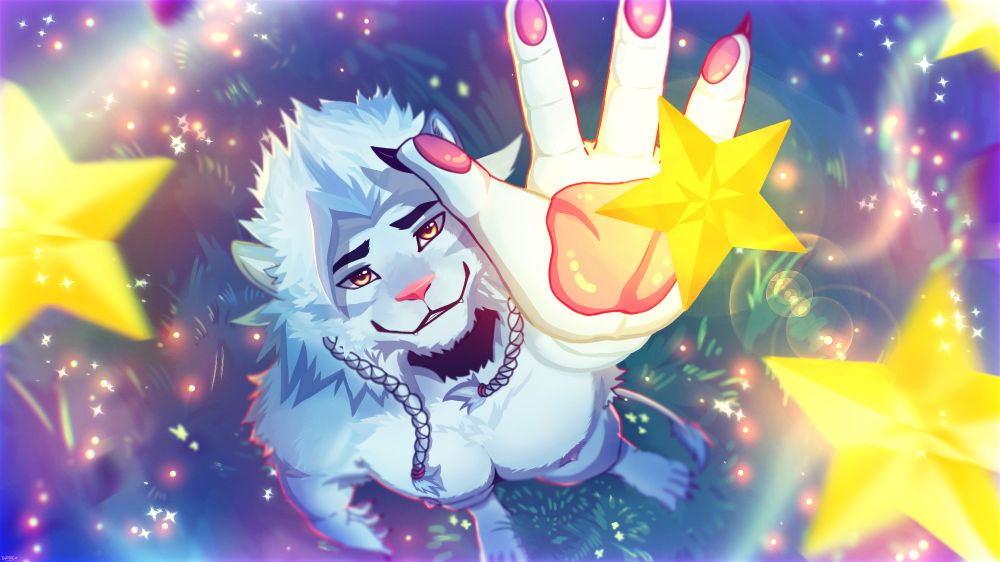 A light blue furred Lion reaching for his Star Destiny in the nightly atmosphere. 