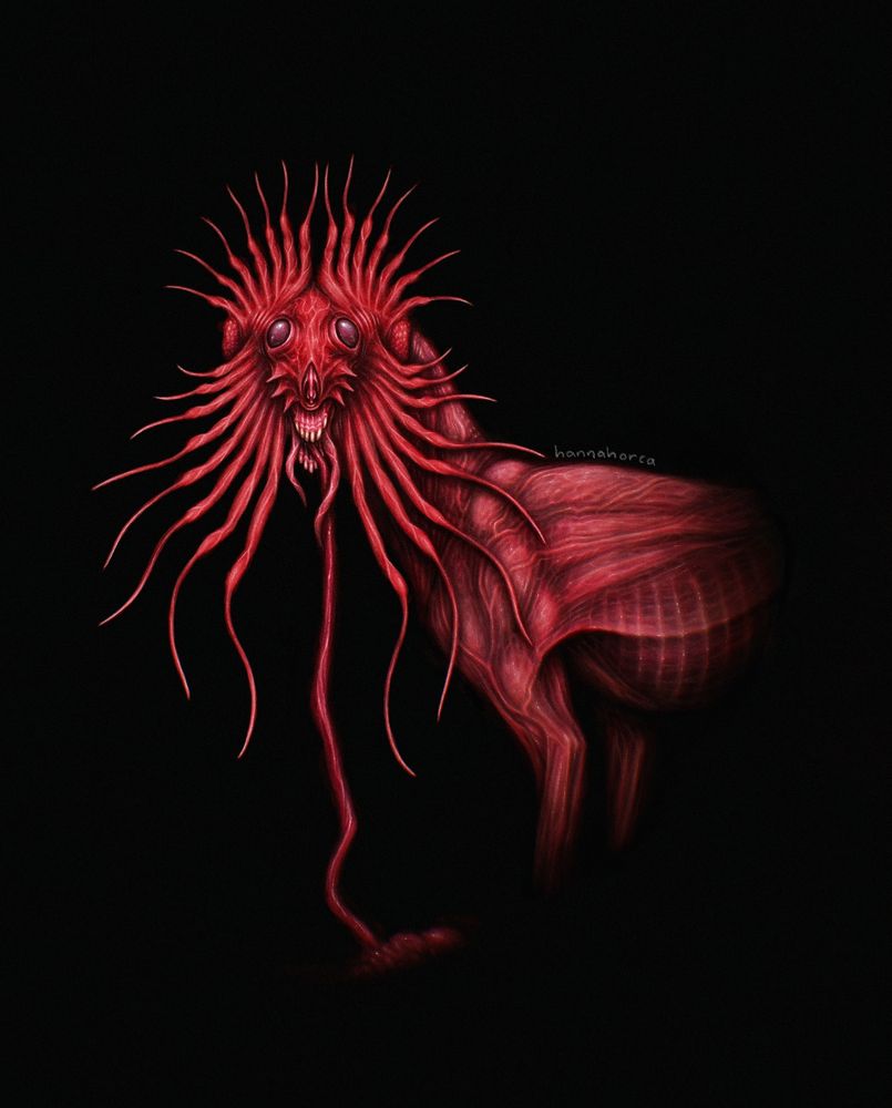 Illustration of a creature surrounded by darkness. The creature has red/pink skin. Its face is surrounded by long tendrils 