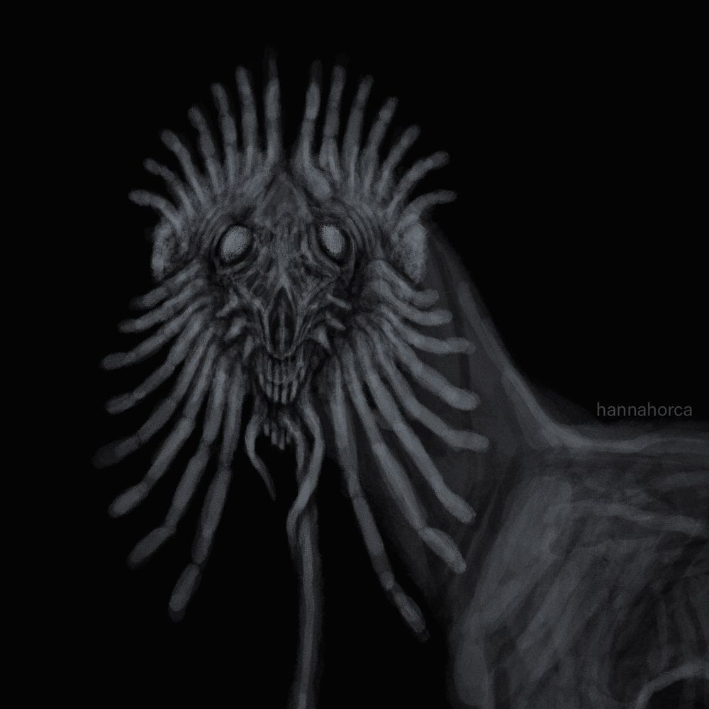 Grayscale work in progress illustration of a creature on a black background 