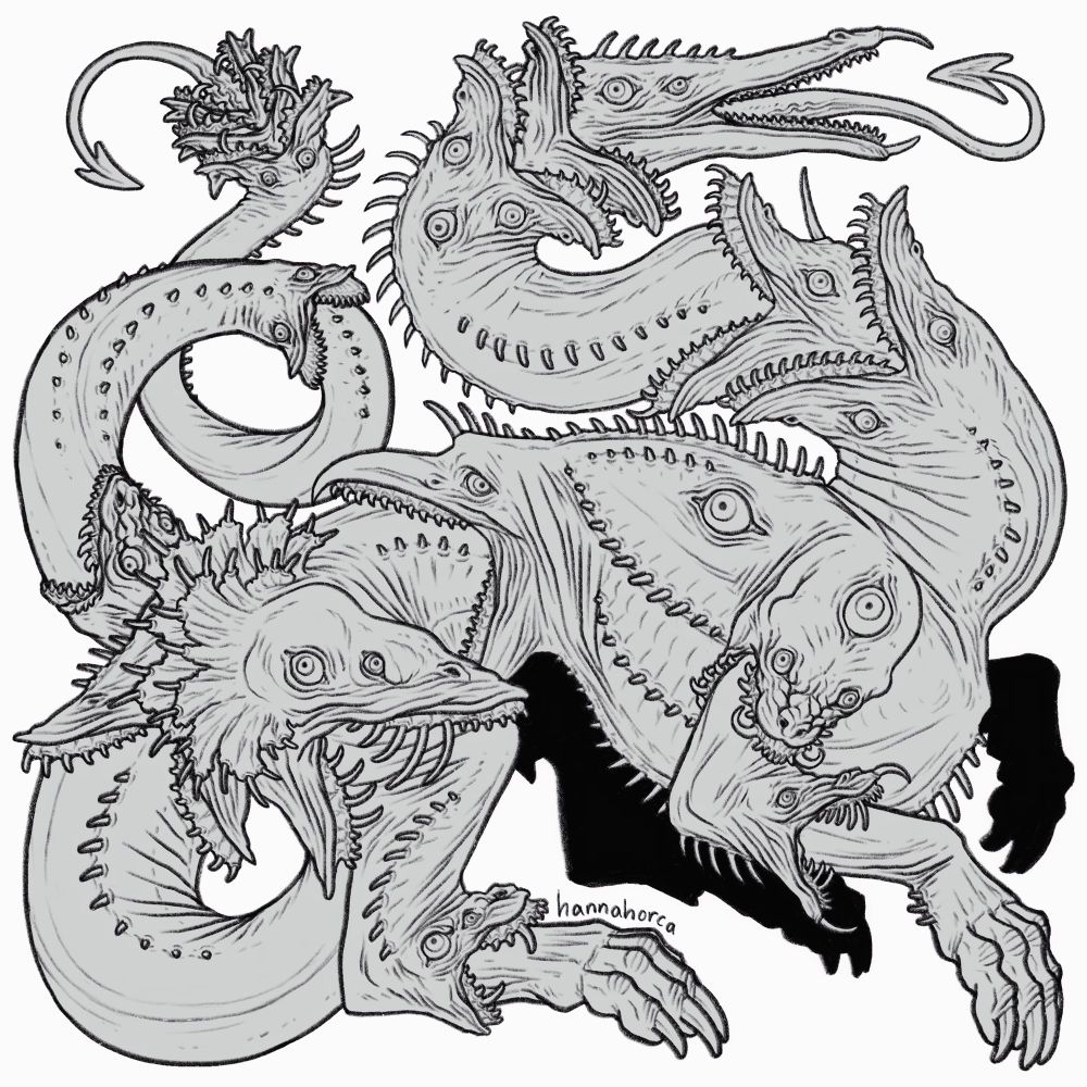 Line art drawing of a creature made up of many toothy mouths, eyes, and spikes