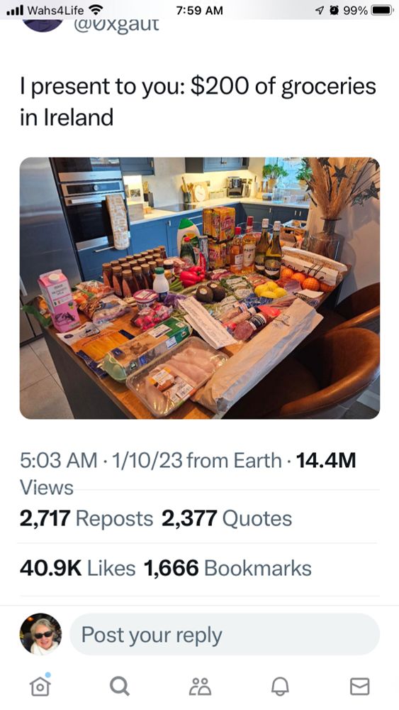 Popular tweet with picture of a large amount of groceries that evidently cost US$200 in Ireland.