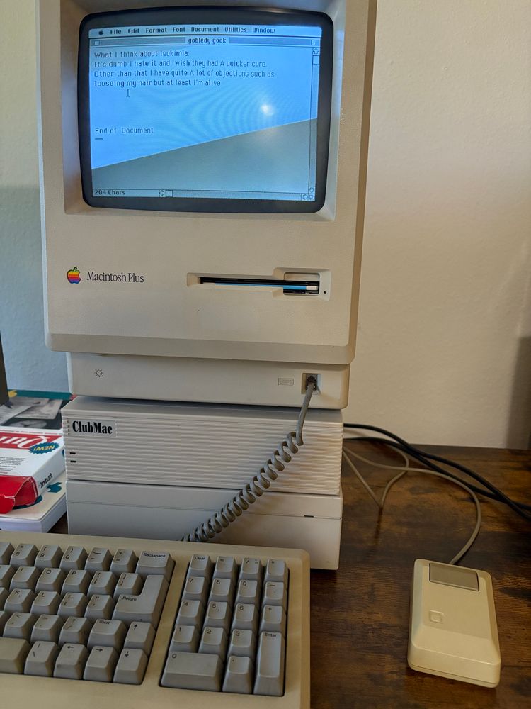 A Macintosh Plus 1 Megabyte computer, released in 1987. It is sitting upon 2 scsi hard drives that are similar in width and length. 
The screen is on, and showing a personal paragraph, written by a grade schooler with leukemia.
In front of it is the original keyboard and mouse, yellowing from age.
To the left you see a box and a book from the same era, advertising the product inside