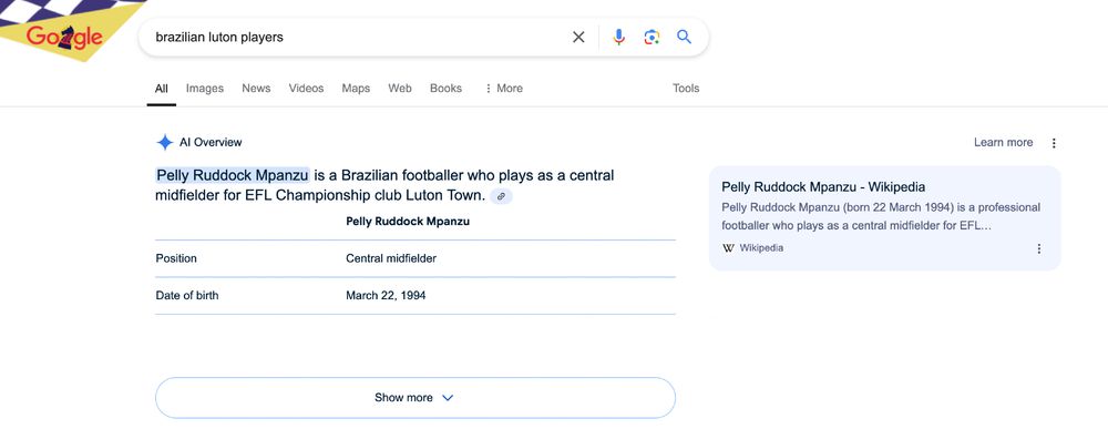 A screenshot of a Google search for "Brazilian Luton Players" in which Google Gemini has suggested that Pelly Ruddock Mpanzu is Brazilian. Which he really isn't.